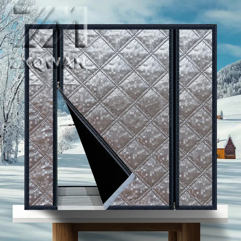 Winter New Thick Cotton Windproof and Cold Proof Curtains, Home Bedroom Partition Warm Curtains, Self-Adhesive, Double Zipper