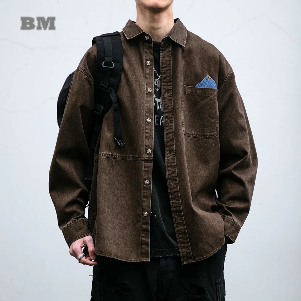 

Mens Cotton Workwear Shirt Big Size Vintage Washed Distressed Button Down Collar Coat Japanese Korean Streetwear Casual Premium