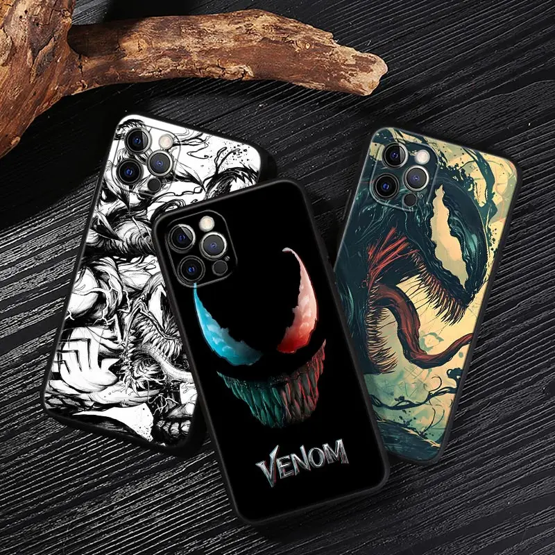 

Black VENOM Art Case For iPhone 17 16 15 14 13 12 11 Pro Max Plus Marvel Back Cover For iPhone 17 Pro 17E Air 16e Protect Funda