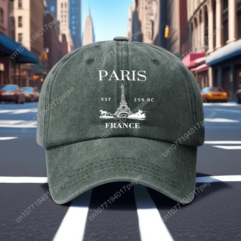 Berretto da baseball lavato con stampa vintage della Torre Eiffel di Parigi da 1 pezzo, cappello da sole morbido con tesa curva casual, berretto sportivo di dimensioni regolabili, Fashi