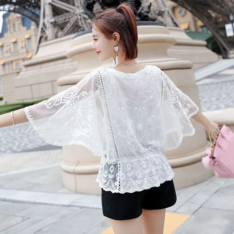 Women 2025 Summer Lace Blouses Shirt White Black Casual O Neck Batwing Sleeve Tops Ladies Elegant Blouse Blusas Mujer De Moda