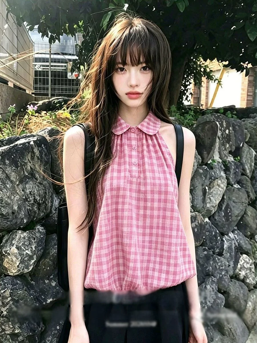 Korean Style Pink Plaid Hanging Neck Vest Women Summer Clothing School Uniform Loose Slimming Doll Collar Sleeveless Trendy Top