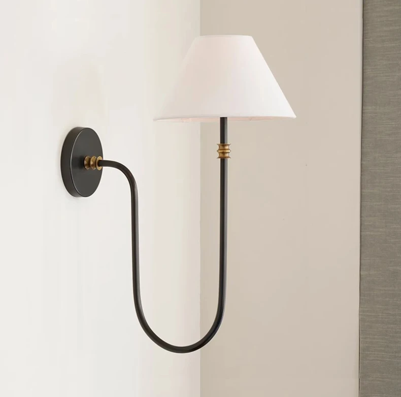 American White Cloth Lampshade Black Metal Sconce E14 Bulb
