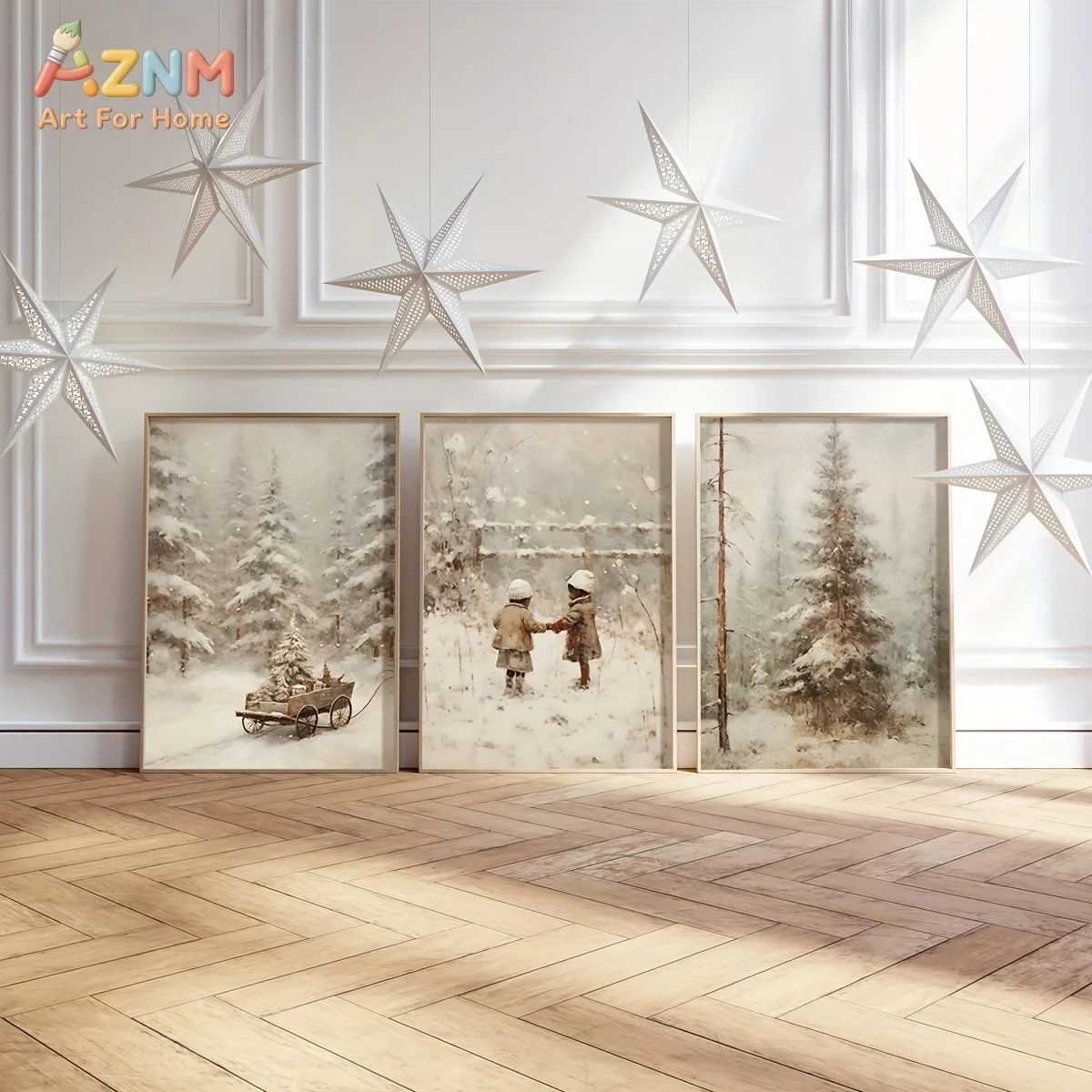 AZNM Frameless Canvas Vintage Winter Snowy Forest Kids Scenery Wall‑Art Print Warm Festive Nordic Home Decor Canvas Poster