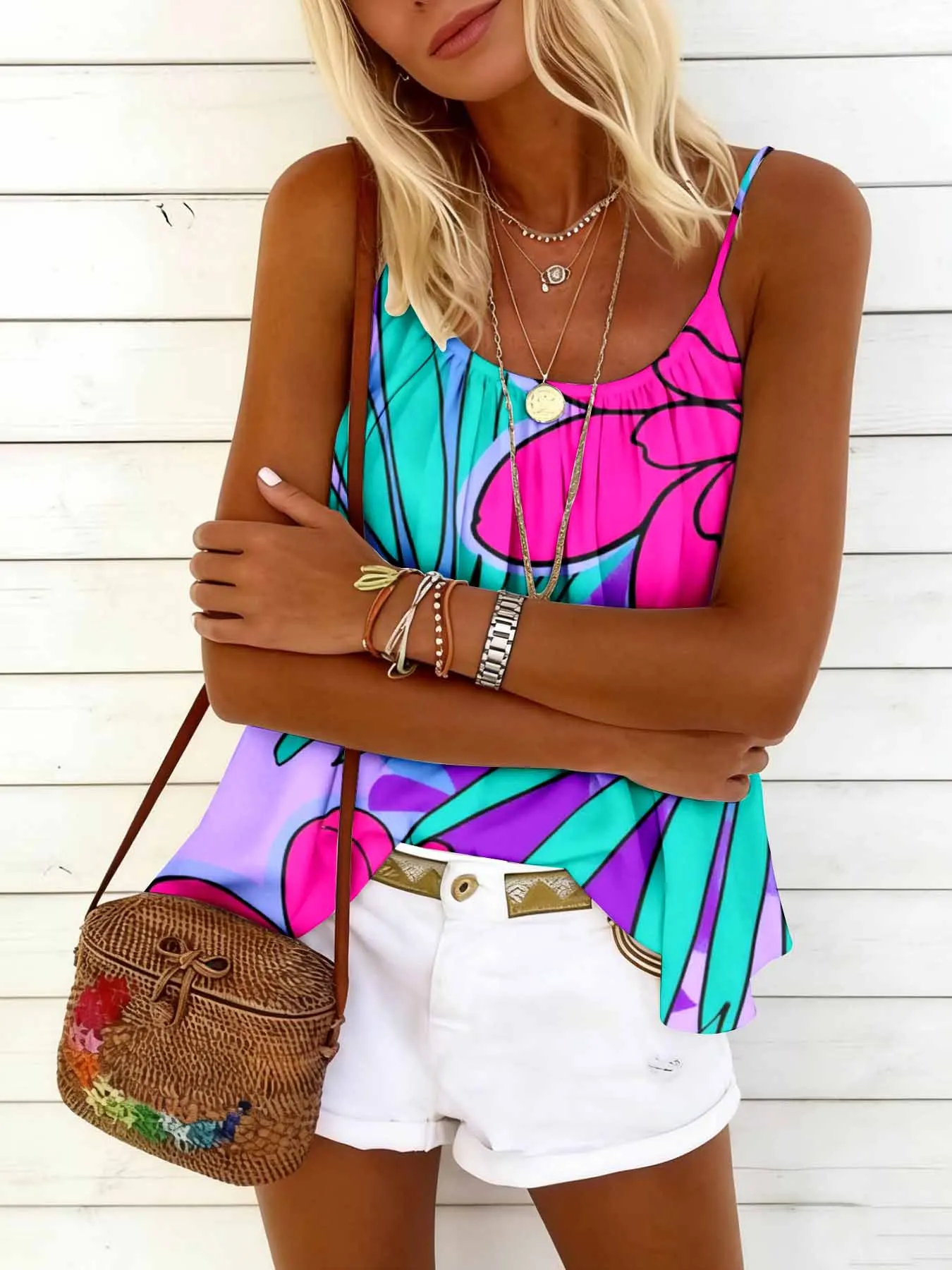 Sommerliches, lockeres Camisole-Top mit Rundhalsausschnitt, bequem, hautfreundlich, lässig, vielseitig, temperamentvolles Oberteil für Damen – Detail 12