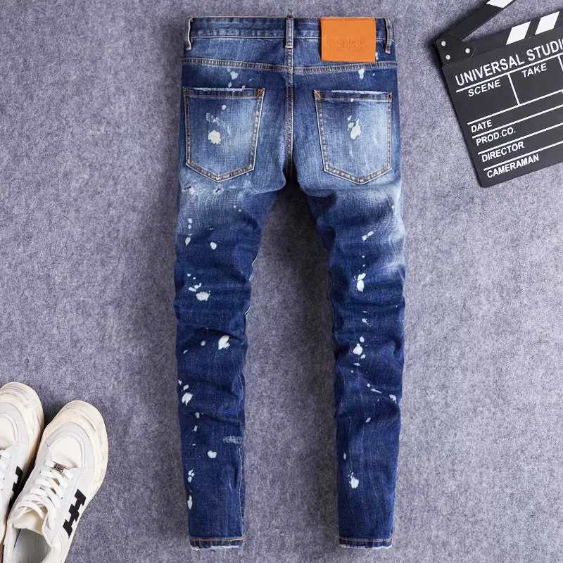 Y2KFashionable new men's jeans blue bizarre graffiti gradient washed elastic tight jeans, high street hip-hop pants Y2K