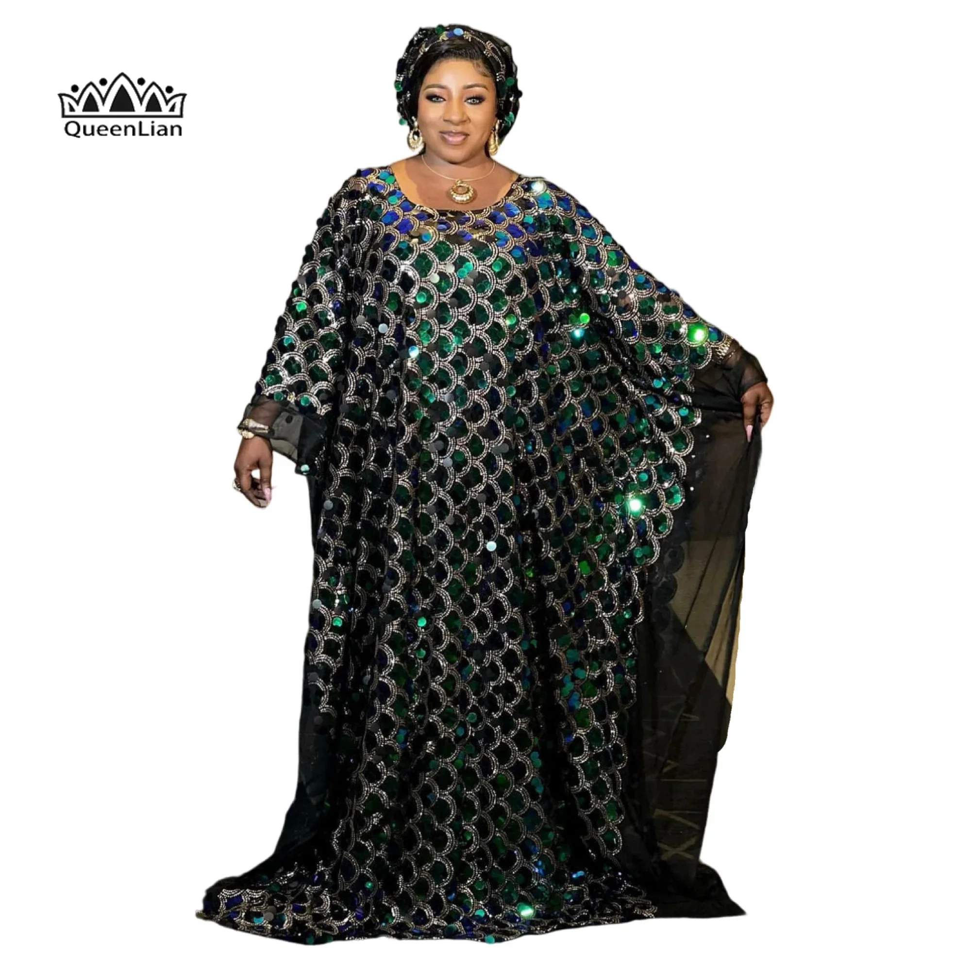 Unique Plus Size African Print Dashiki Dress with Batwing Sleeves and Glitter Sequin Accents for Women