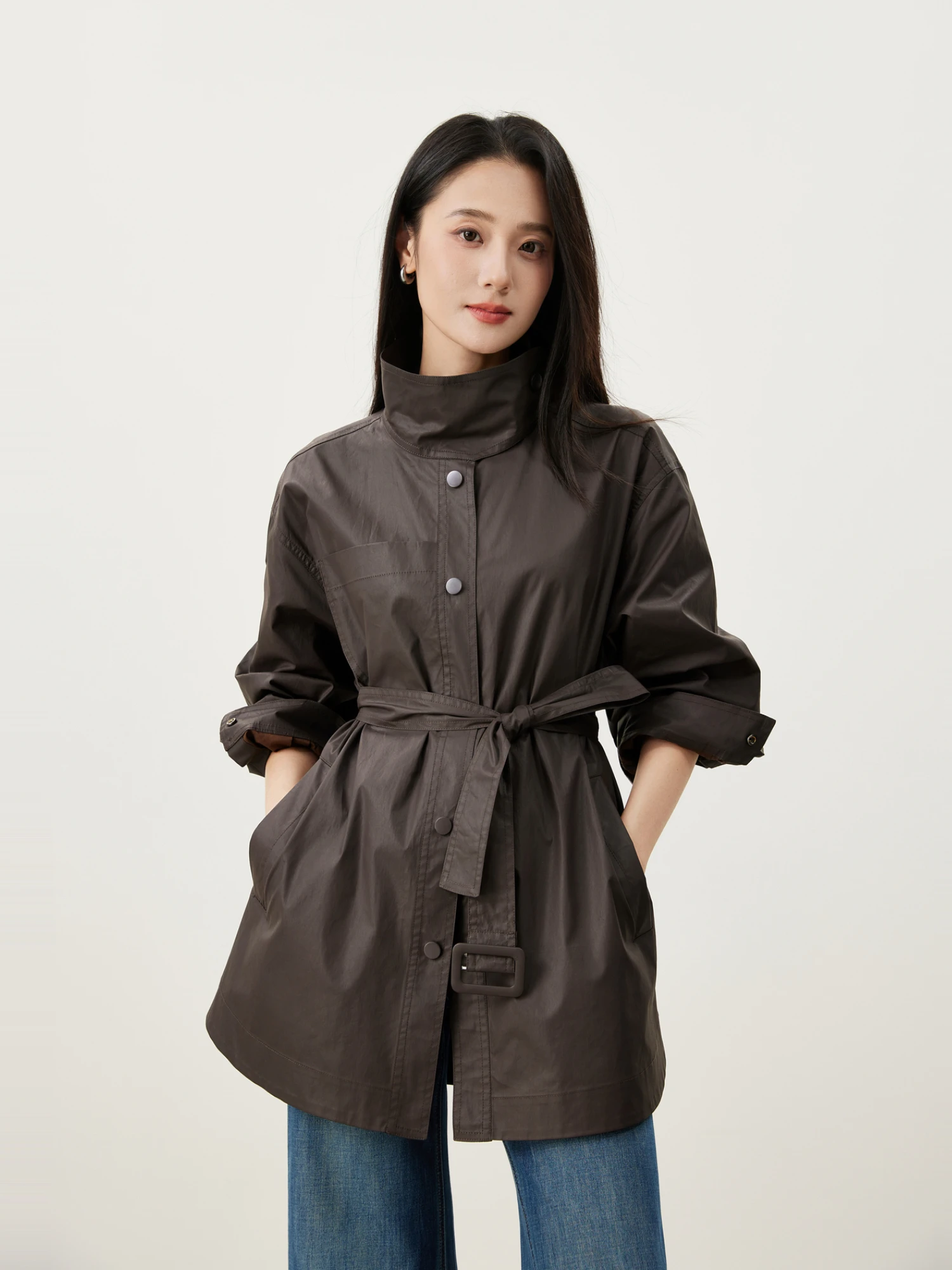 

High Quali Cotton Leather Feel Windbreaker Women's Versatile Mid-Length Jaet Autumn Season Long Sve Loose Fit Sle