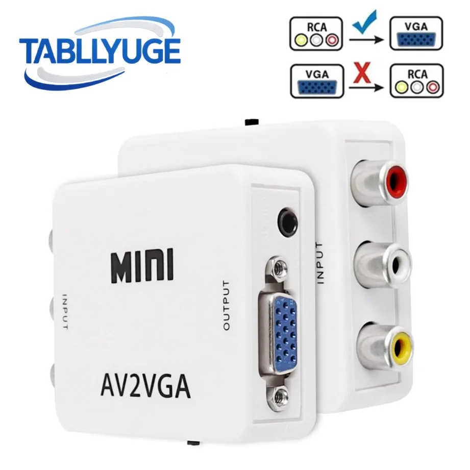 TABLLYUGE AV to VGA Converter Adapter Box Mini RCA to VGA Video Adapter With 3.5mm Audio Jack/USB Cable for Projector PC TV DVD