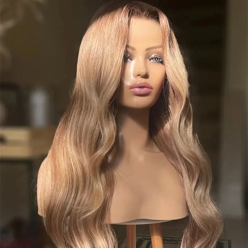 Hittebestendige Vezel Pruiken 13x4 Ombre Blond Bruin Body Wave Haar Pruik Lace Front Pruiken voor Vrouwen Synthetische Transparante Front Pruik