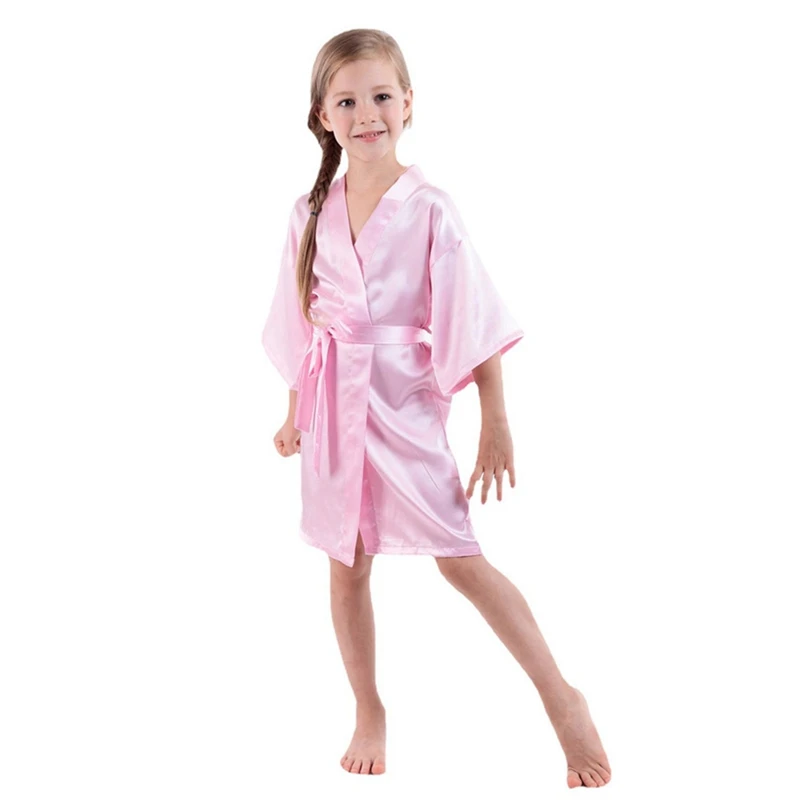 2-14Y Girl Bathrobe Toddler Kids Teen Solid Faux Silk Satin Robe for Wedding Spa Birthday Party Soft Breathable Sleepwear Pajama