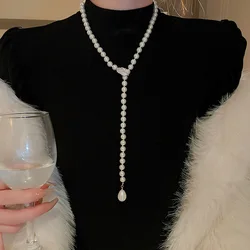 French Elegant Zircon Pearl Pendant Sweater Chain Necklaces for Women Unique Versatile Party Jewelry