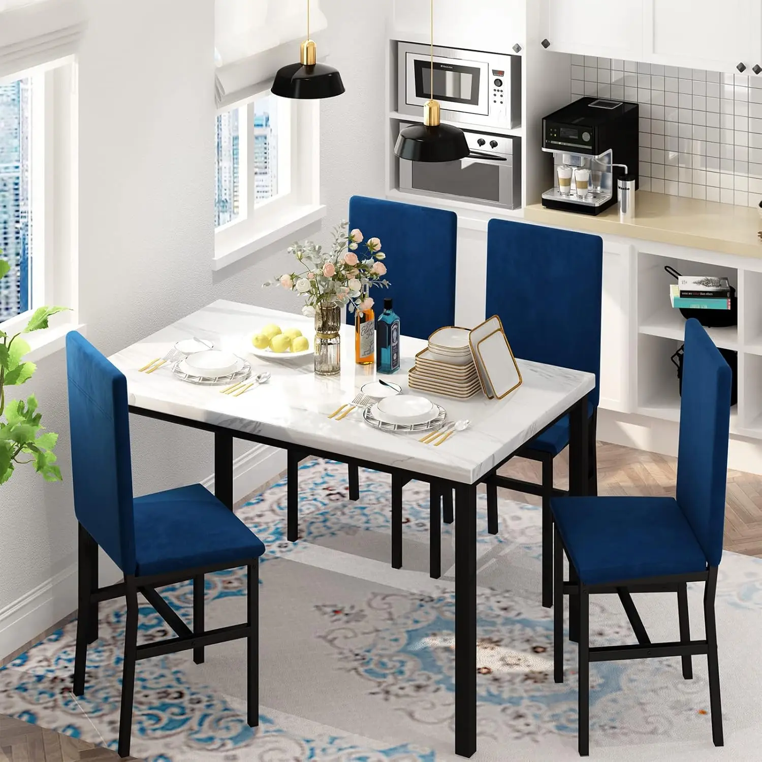 Dining Table Set for 4- Space Saving Kitchen Table and Chairs for 4, Modern Style Faux Marble Tabletop & 4 Blue Velvet Chairs fo