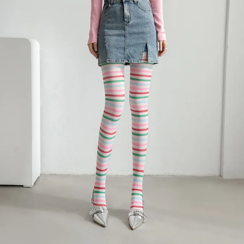 Dopamine Outfit Colorful Striped Tights Japanese Sweet Cool Style Thin Silk Stockings Unique Design Womens Fashion Leggings