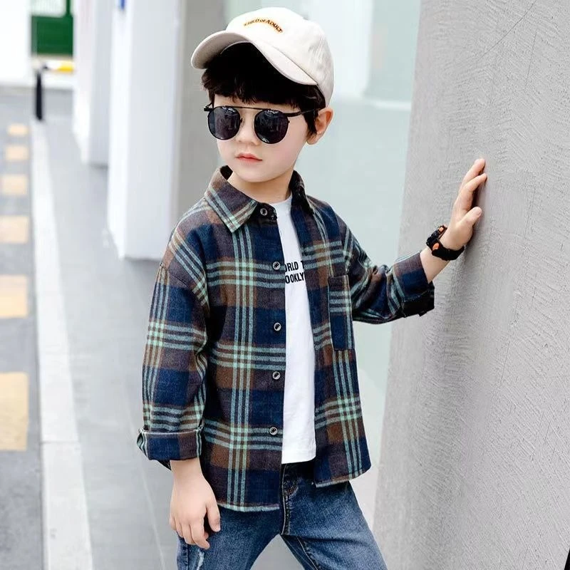 Boys Plaid Shirt Long Sleeve Autumn Casual Button Up Tops Trendy Kids Fashion Outerwear