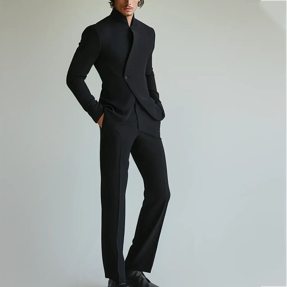 

Simple Fashion Black Men's Suit Two Piece(Jacket+Pants) Slim Fit Front Flat Single Button Tailored Elegant Groom Blazer Set