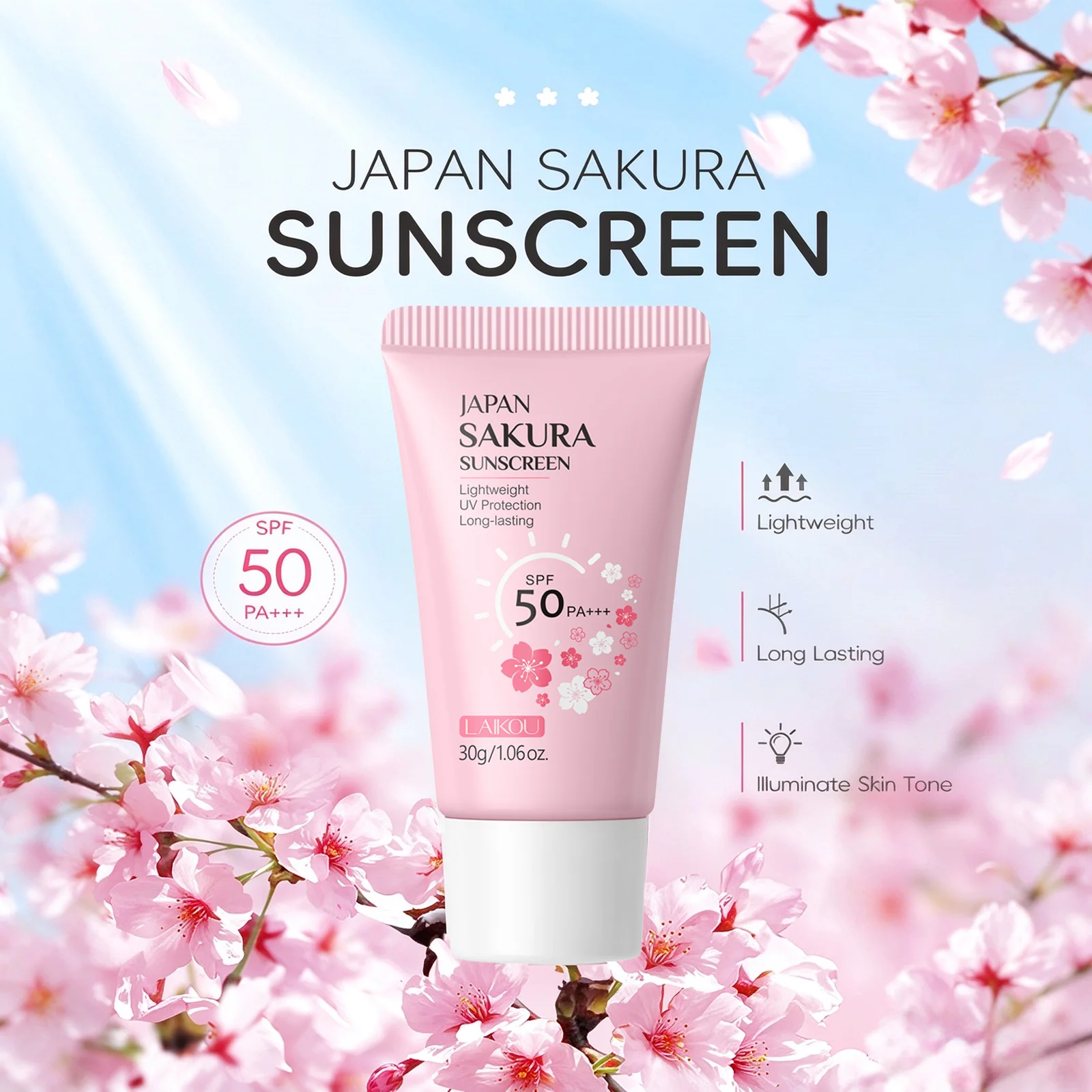LAIKOU Sakura Sunscreen Cream SPF50+ UV Protection Face Body Refreshing Waterproof Moisturizing Concealer 30g ﻿