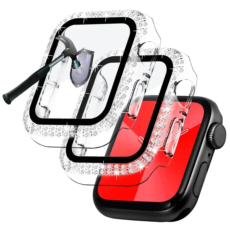 Double Row Rhinestone Bumper PC For Apple Watch Series 9 8 7 6 5 4 3 SE Fits 38 40 41 42 44 45mm Drop Scratch