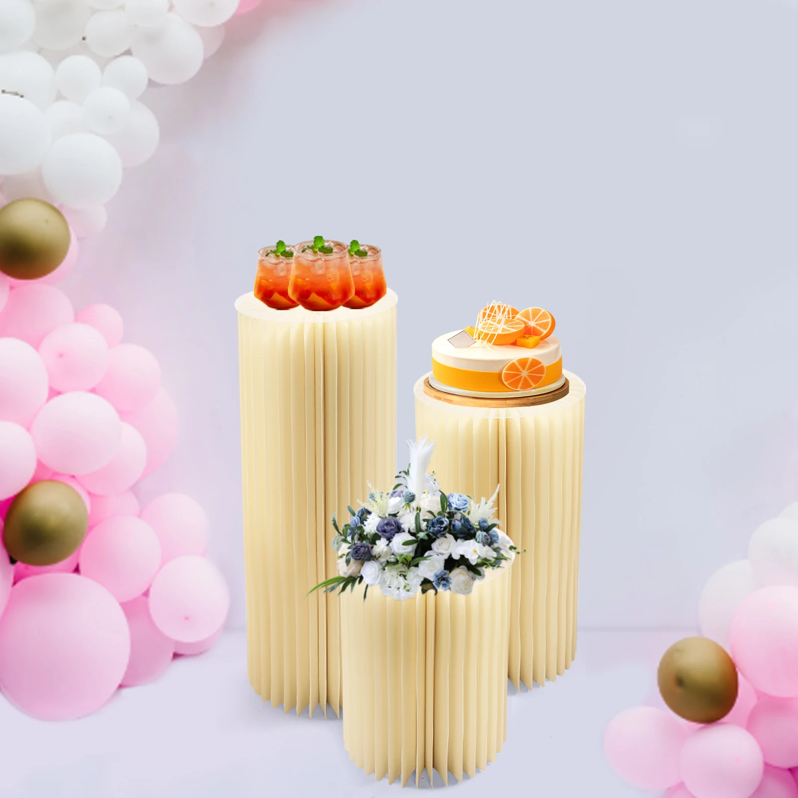 3 Pack Foldable Paper Column Display Stands, 15.75in/23.62in/31.5in Height Off White Cylinder Rack, 110.23lbs Load Capacity Cardboard Flower Stand With PVC Panels & Bulbs & USB Cables For Wedding Birthday Graduation Decor