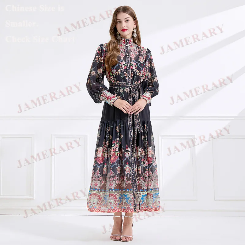 Elegante camicia maxi floreale autunnale da donna manica lunga monopetto Bohemia Palace Brand Runway Lolita Princess abiti lunghi