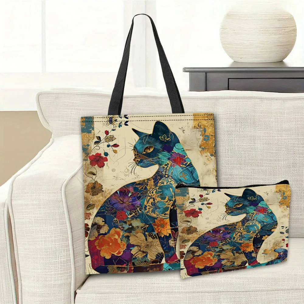 Schicke Retro-Blumen-Katze-Einkaufstasche, ethnischer Stil, Make-up-Tasche, Aufbewahrung, lässiges Einkaufen, Umhängetaschen, Damen-Handtasche, Kulturbeutel – Detail 3