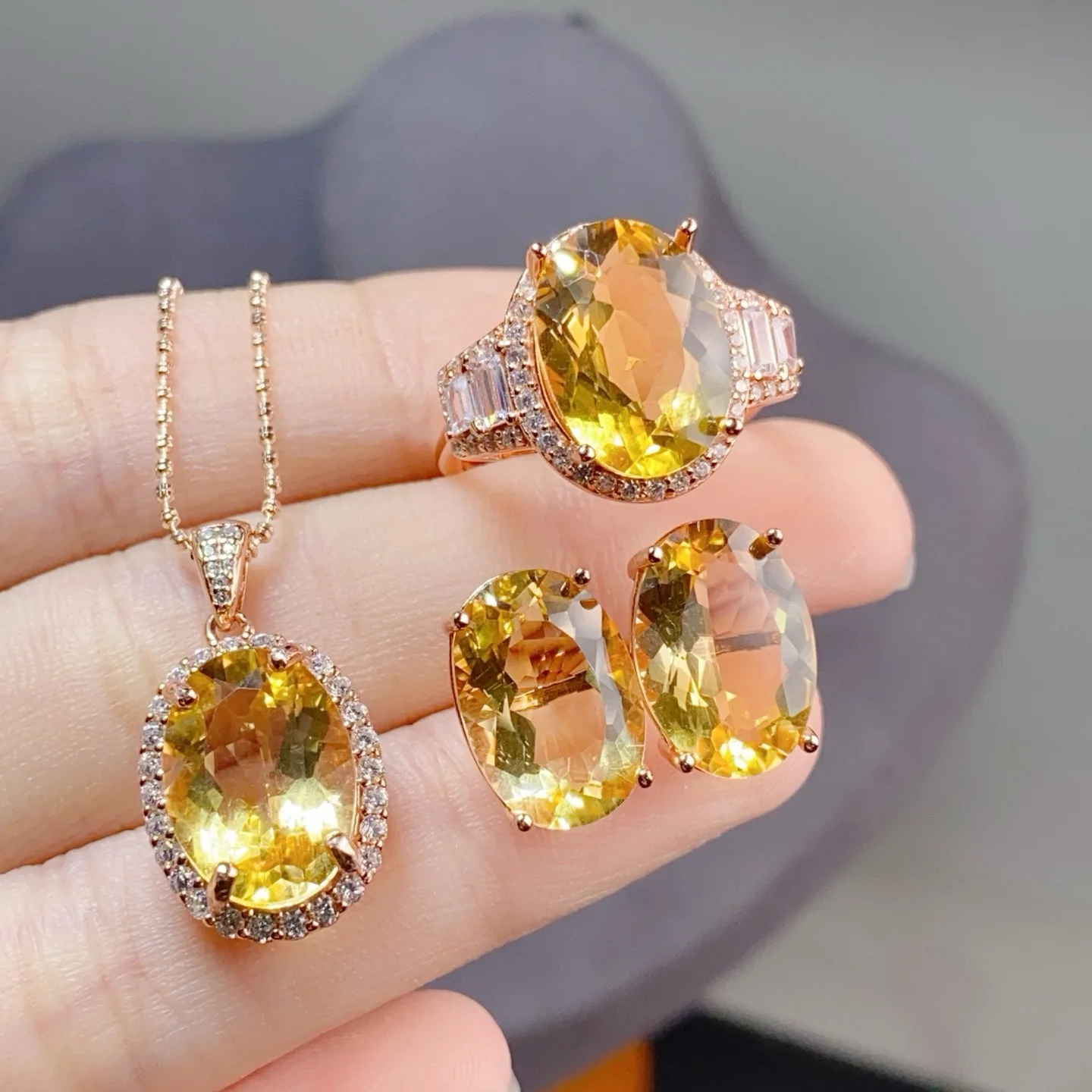 10x14mm Natural Citrine Jewelry Set, S925 Sterling Silver Ring Necklace Earrings, Genuine Wealth Attracting Yellow Gemstone Gift