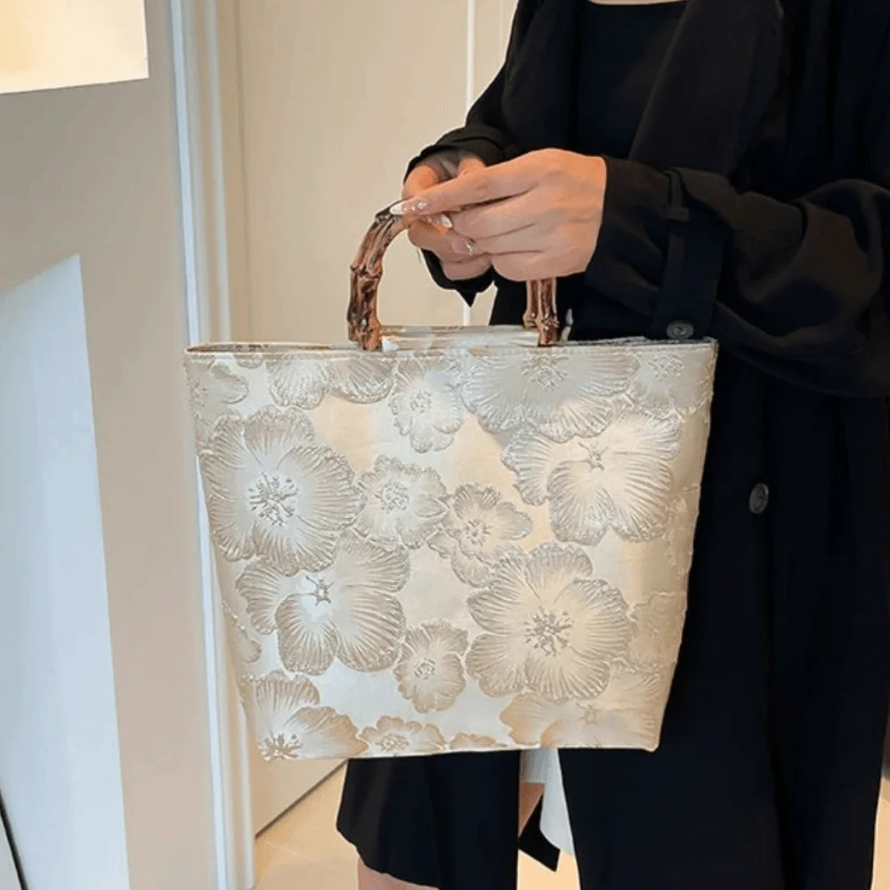 Canvas Jacquard Tote Bag Cheongsam Accessories Bamboo Joint Handheld Chinese Style Handbag Large Capacity Zipper Closure