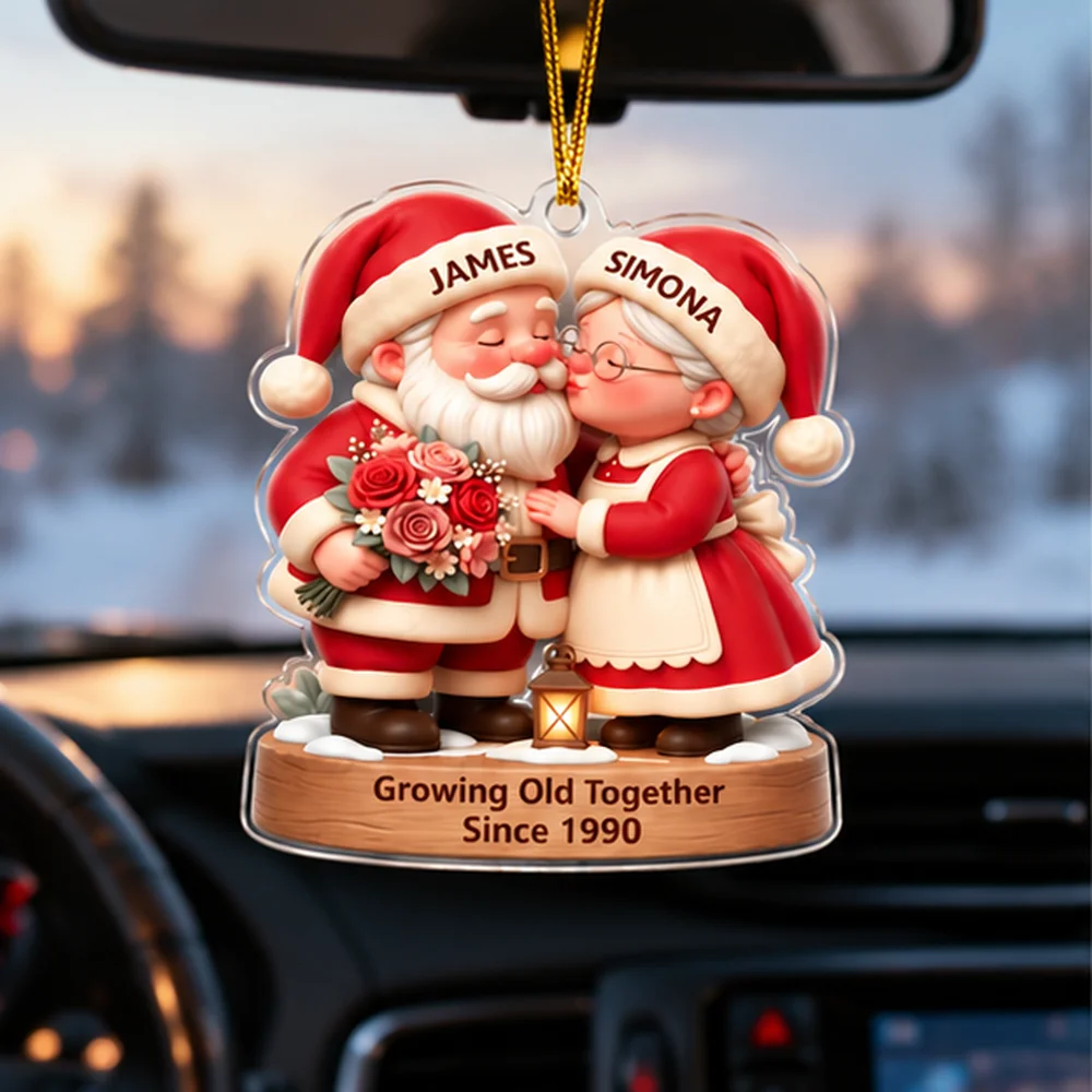 2D Flat Custom Names & Year Xmas Tree Hanging Pendant Personalized Santa Mrs Claus Kissing Bouquet Acrylic Christmas Ornament