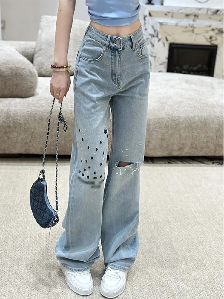 

Американские прямые джинсовые брюки с рваными стразами и вышивкой для девочек, женские новые корейские версии в стиле ретро Faion Loo...