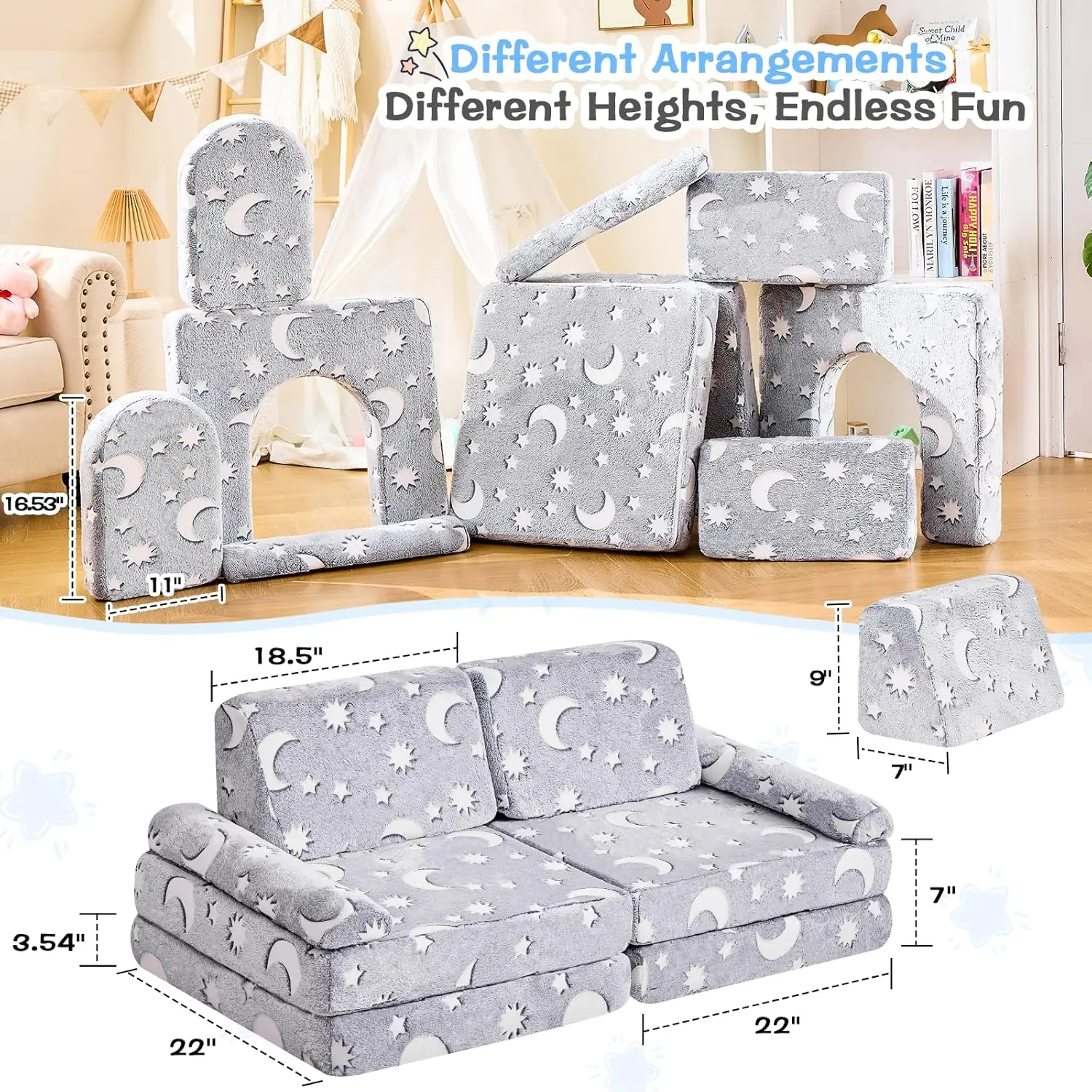 Kids Play Couch,Toddler Couch Kids Sofa,Child Sectional Sofa,Bedroom and Playroom Furniture for Toddlers,Convertible Foam and Fl