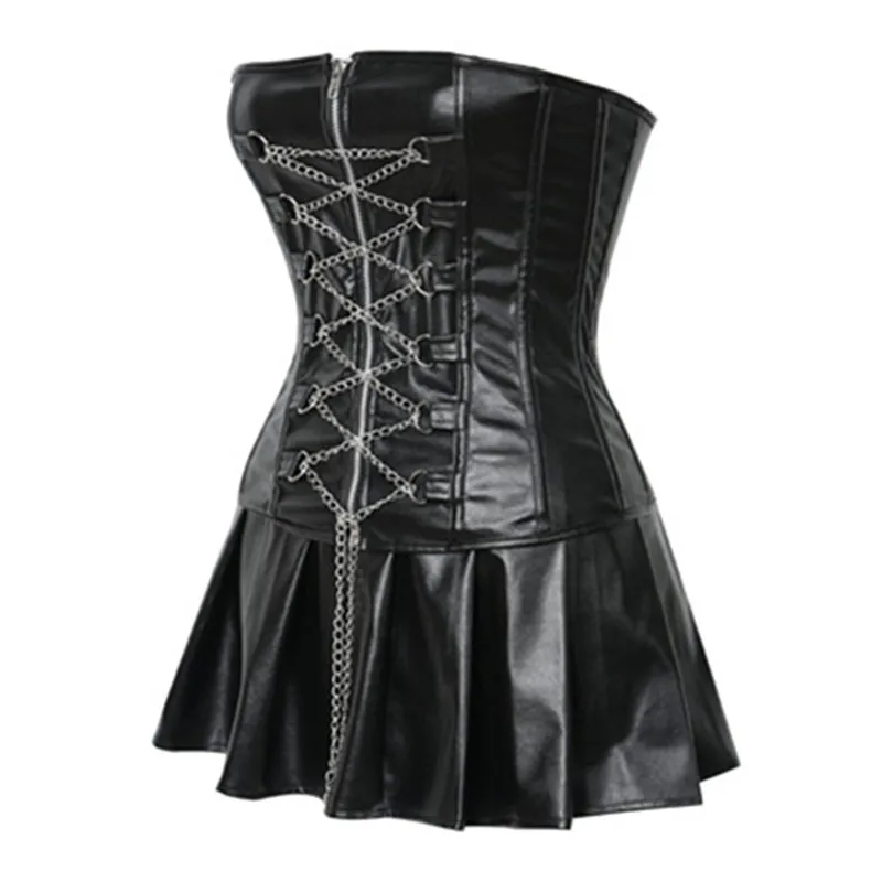 Women Sexy Steampunk Faux Leather Corset Dress Zipper Chain Decoration Gothic PU Leather Korset Overbust Bustier Top With Skirt