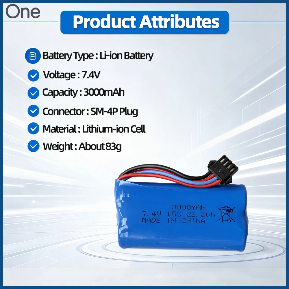 2S 7.4V 3000mAh 15C Li‑Ion RC Battery SM4P Plug Rechargeable Upgrade Replacement Parts for WPL C14 C24 C34 C54 C104 B36 RC Car