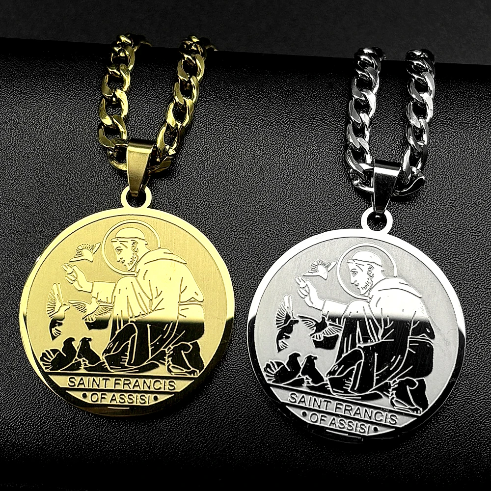 SAINT FRANCIS OF ASSISI PROTECTOR OF ANIMALS Anhänger-Halskette für Damen und Herren, Edelstahl, christliche Medaillenkette, Schmuck, Geschenk