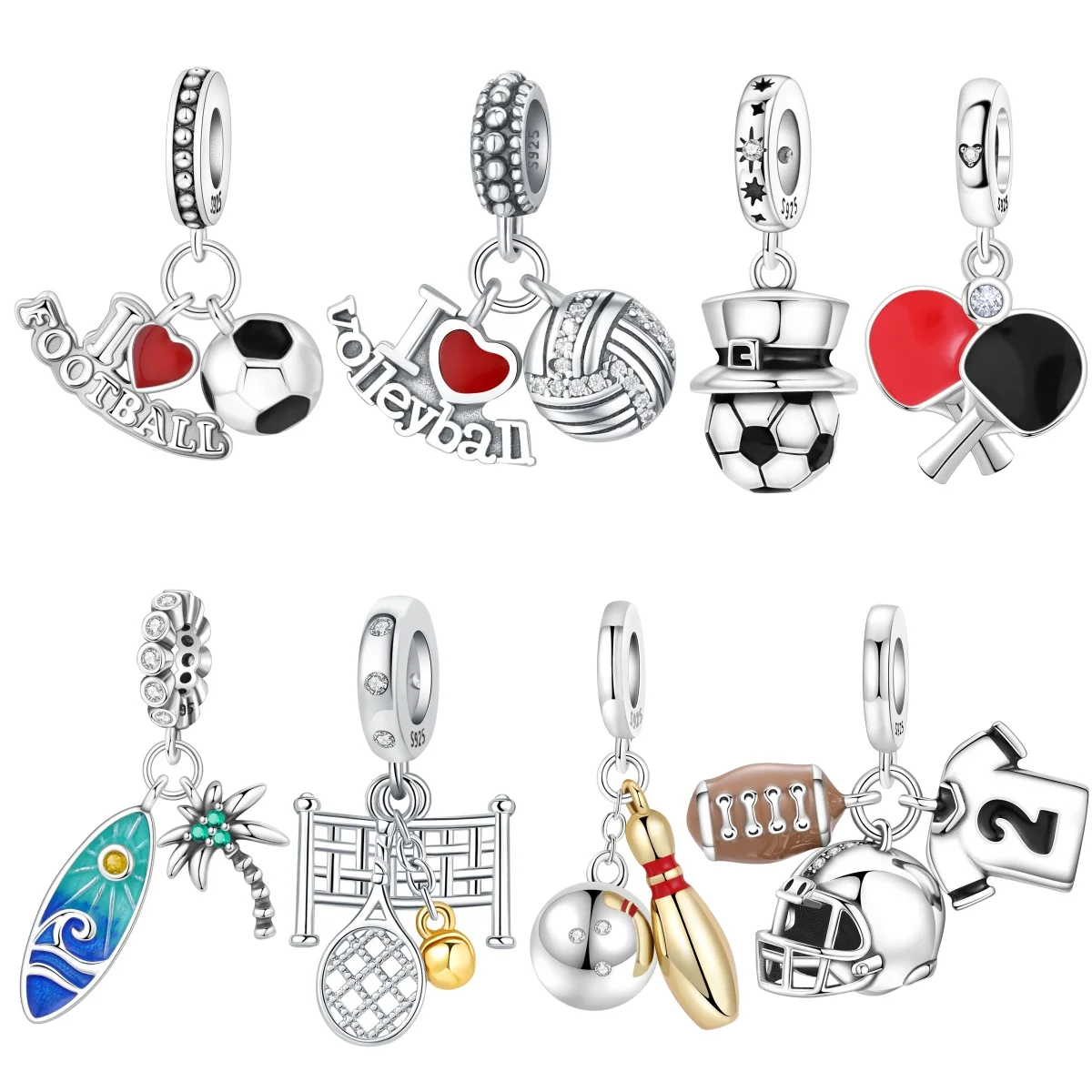 MISEFF S925 Sterling Silver Charm Sports Football Volleyball Table Tennis Pendant Fit Bracelet DIY Jewelry Making Women Gift﻿
