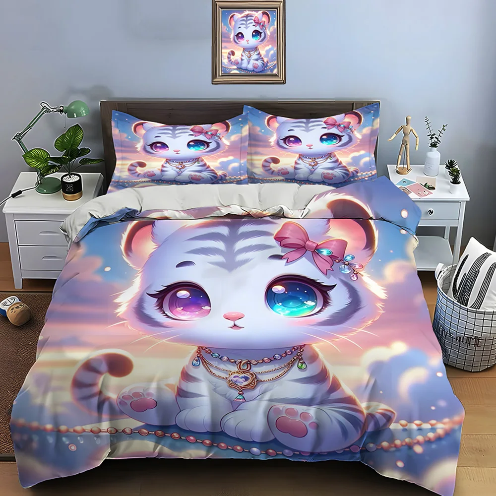 Adorable tiger with jeweled necklace Bedding Set for Kids Luxury Gift 3pcs Digital Print Comforter Set Soft Comfortable
