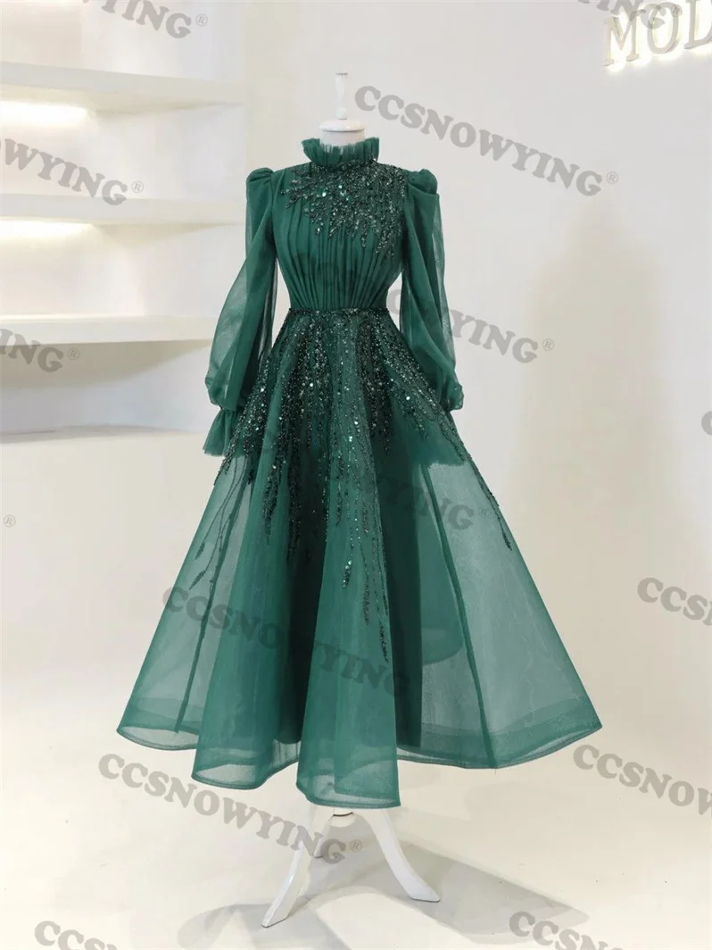 

Organza Appliques Beaded Muslim Evening Dresses Long Sleeve Hijab Islamic Formal Party Gown Arabic Dubai Women Robes De Soirée