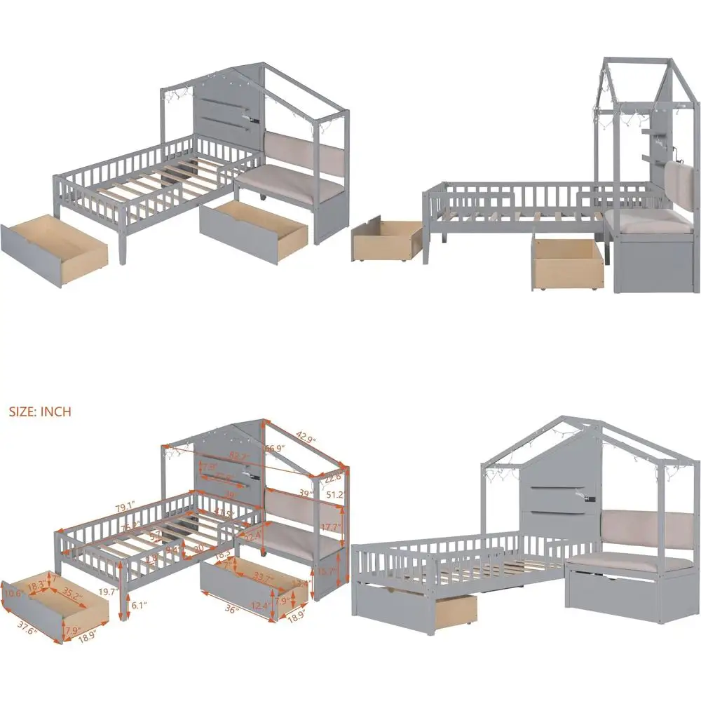 

Twin House Bed with Upholstered Sofa, 2 Drawers, Charging Station, Wood Montessori Bed, LED Light, Shelves, L-Shaped Storage, Su
