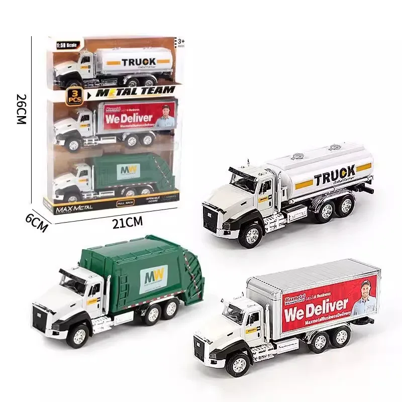 3 Pack of Diecast Sanitation Vehicle Container Truck Oil Tank Truck City Car 1/50 Scale Metal Model Cars Pull Back Car Kids Toys