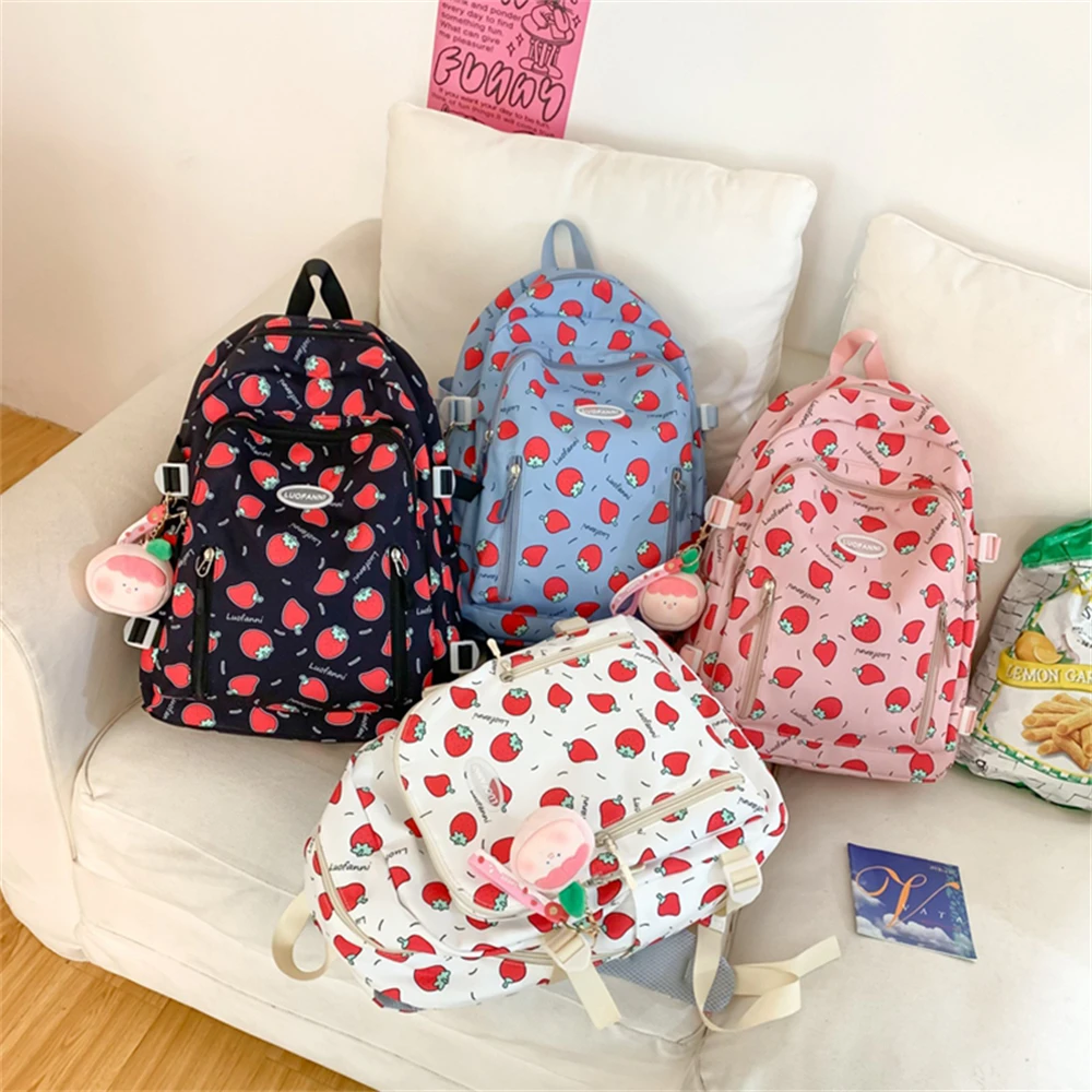 Girl Strawberry Floral Travel Book Backpack Women Trendy Print School Bag Female Laptop College Backpack Fashion Lady Kawaii Bag