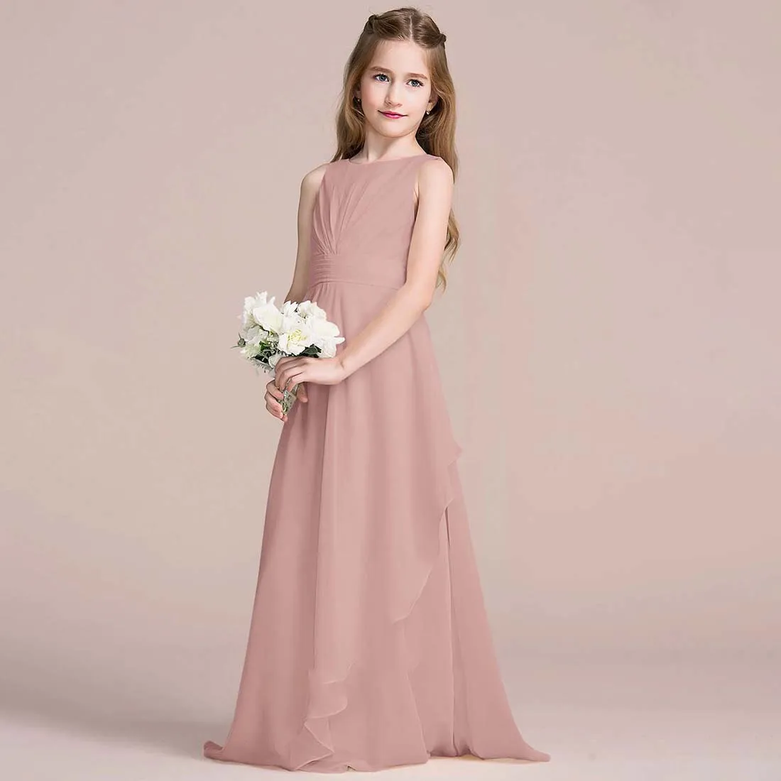 YZYmanualroom Chiffon Junior Bridesmaid Customize Dress With Cascading Ruffles A-line Scoop Floor-Length 2-15T