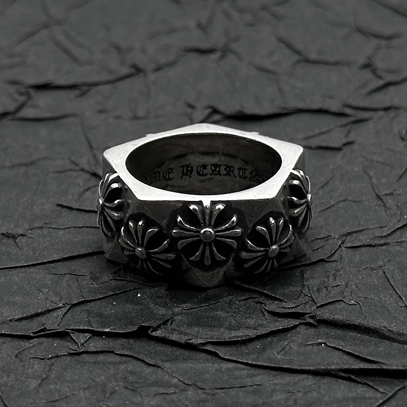 

S925 sterling silver retro old cut cross flower ring European and American men and women niche personality hip hop
