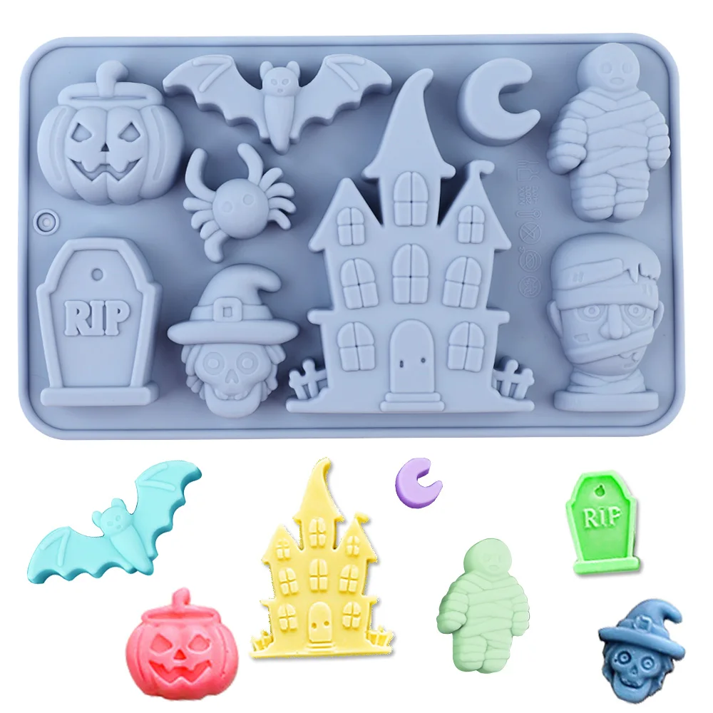 Moldes de Silicona con Temática de Halloween: con Formas Clásicas de la Temporada como Calabazas, Murciélagos, Arañas, Brujas, Lápidas, Casas Encantadas y Momias, Ideales para Hacer Chocolate, Dulces, Pudín, Galletas o Decoraciones para Pasteles. Hecho de silicona de grado alimenticio, tiene una amplia gama de temperaturas, es fácil de desmoldar y es apto para lavar en lavavajillas, lo que lo convierte en una herramienta ideal para fiestas navideñas y postres creativos.