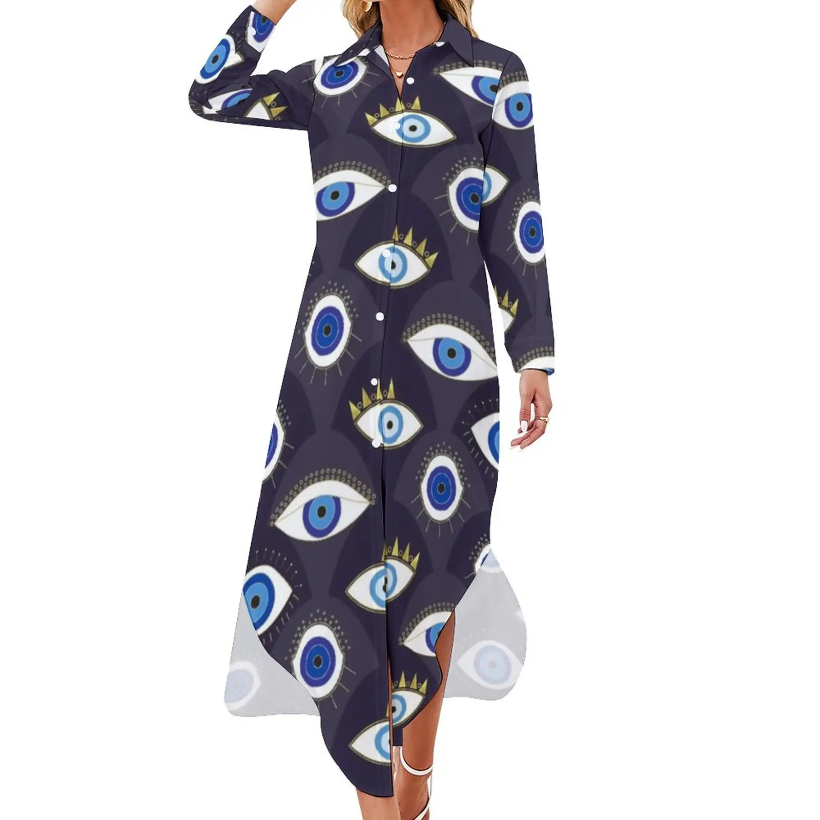 Eyes Chiffon Dress Various Evil Eye Festival Dresses Womens Summer V Neck Print Oversize Long Sleeve Korean Fashion Casual Dress