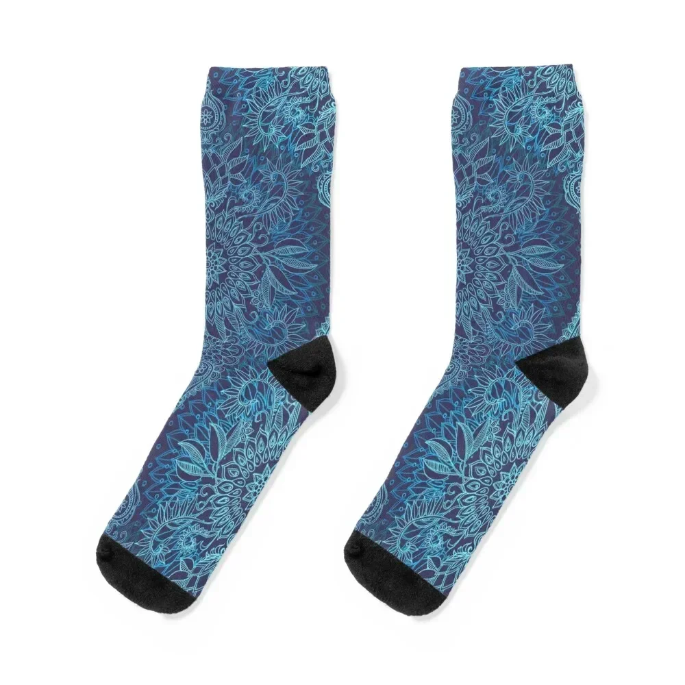 

Aqua, Cobalt Blue & Purple Protea Doodle Pattern Socks Men's Toe sports man Men's Socks Luxury Women's