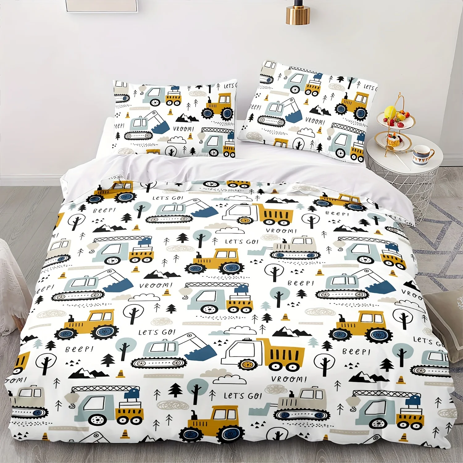 3pcs Duvet Cover Set Construction Tractor for Twin Bed - Breathable Polyester Machine Washable Zipper Closure