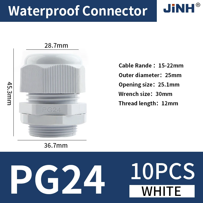10Pcs IP68 Weatherproof Immersion-proof PG24 Gland Assortment Nylon Black White Cable Entry Joint for 3-6.5mm to 14mm Wires