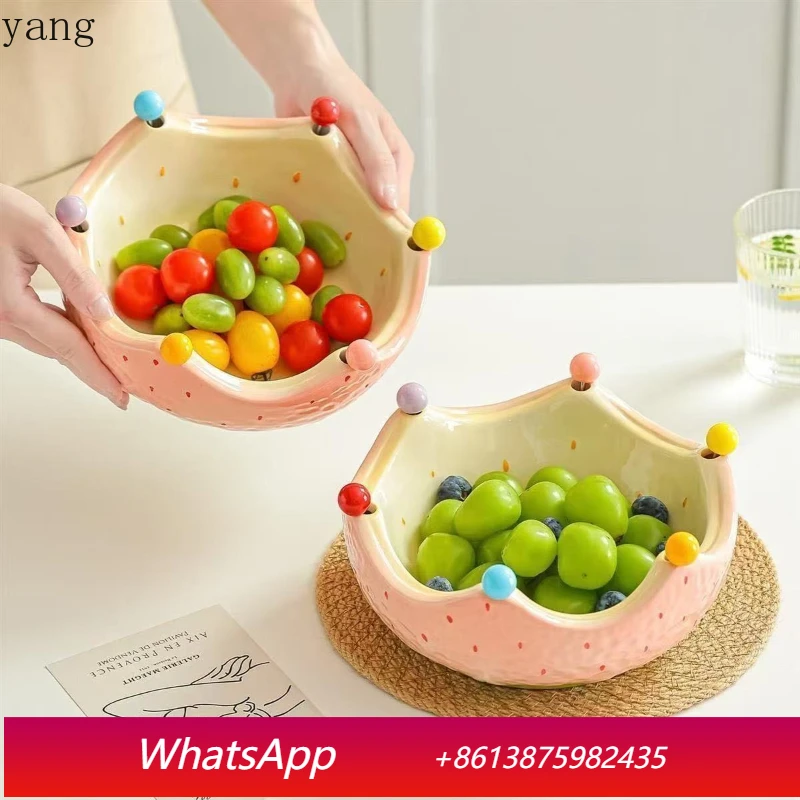 

LTT Strawberry Fruit Fork Bowl Ceramic Dessert Plate Large Capacity Cute Strawberry Fruit Plate