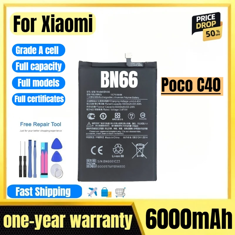 BN66 for Xiaomi Poco C40 Mobile Phone Battery High Quality High Capacity Battery Replacement Bateria Grade A Cell with Tools