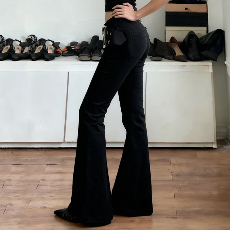 Women's Low Waist Slim Flare Jeans with Grommet Belt Dark Street Style Casual Figure Flattering Pants
