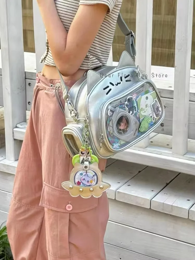 New Y2K koreańskie Kawaii Cat Ita Bag śliczny torba na ramię z PU dziewczęcy przezroczysta kieszeń torba Crossbody Harajuku damska moda plecaki — zdjęcie 2